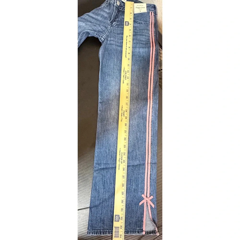 Abercrombie Kids Low Rise Baggy Jeans Blue Pink Side Stripe Bows 9/10 Long NWT